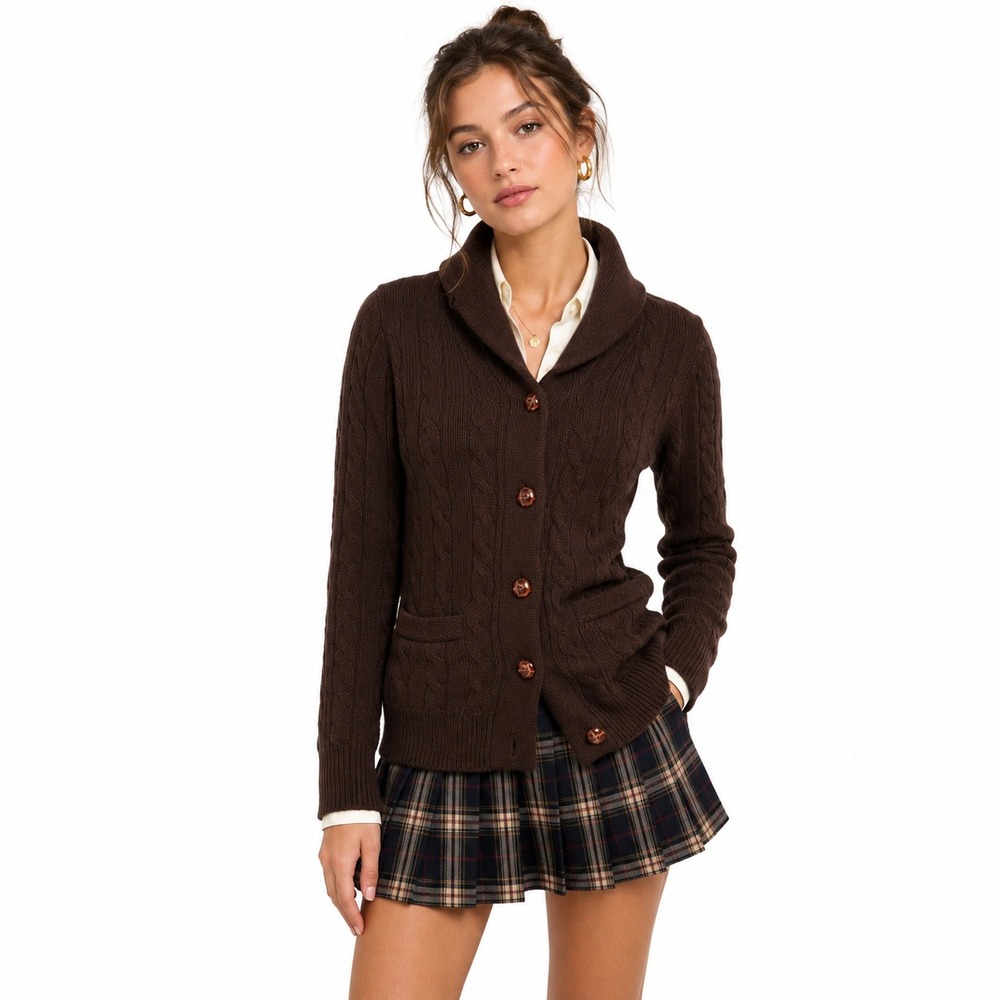 Ralph Lauren Rugby Cardigan Cable Knit Sweater Brown Shawl Collar Vintage Y2K L